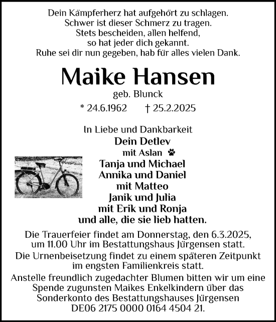 Traueranzeige von Maike Hansen von Schleswiger Nachrichten, Schlei-Bote