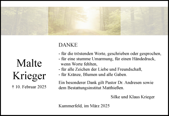 Traueranzeige von Malte Krieger von Region Pinneberg und tip Pinneberg