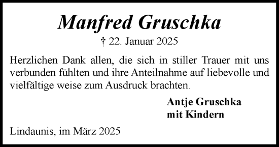 Traueranzeige von Manfred Gruschka von Schleswiger Nachrichten, Schlei-Bote