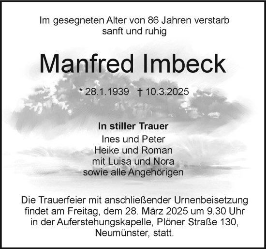 Traueranzeige von Manfred Imbeck von Holsteinischer Courier
