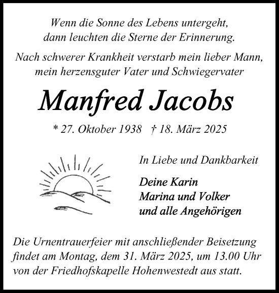 Traueranzeige von Manfred Jacobs von Schleswig-Holsteinische Landeszeitung