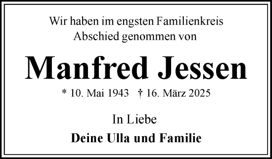 Traueranzeige von Manfred Jessen von Flensburger Tageblatt