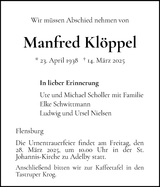 Traueranzeige von Manfred Klöppel von Flensburger Tageblatt