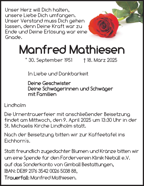 Traueranzeige von Manfred Mathiesen von Husumer Nachrichten, Nordfriesland Tageblatt