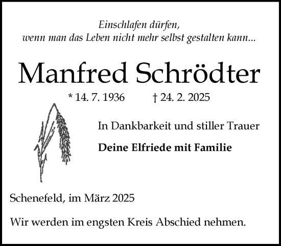 Traueranzeige von Manfred Schrödter von Norddeutsche Rundschau, Wilstersche Zeitung, Glückstädter Fortuna