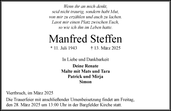 Traueranzeige von Manfred Steffen von MARKT Ahrensburg/Bargteheide/Trittau und Stormarner Tageblatt