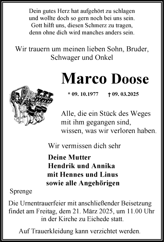 Traueranzeige von Marco Doose von MARKT Bad Oldesloe/Reinfeld, MARKT Ahrensburg/Bargteheide/Trittau und Stormarner Tageblatt