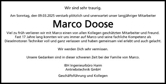 Traueranzeige von Marco Doose von Heimatspiegel