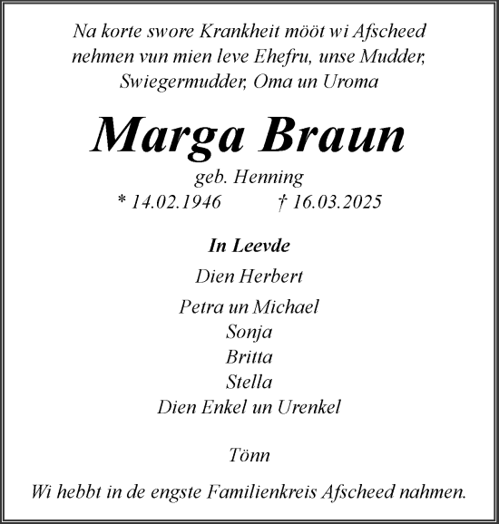 Traueranzeige von Marga Braun von Husumer Nachrichten, Nordfriesland Tageblatt