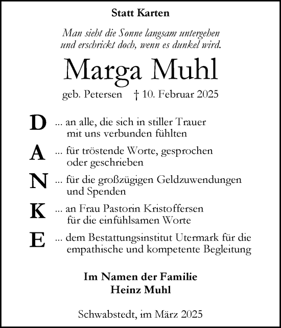 Traueranzeige von Marga Muhl von Husumer Nachrichten, Nordfriesland Tageblatt