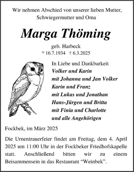 Traueranzeige von Marga Thöming von Schleswig-Holsteinische Landeszeitung