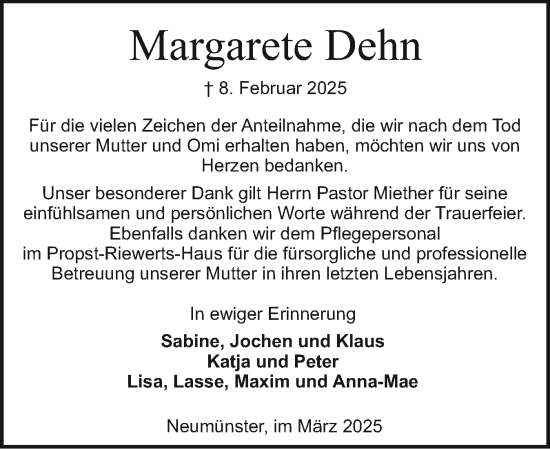 Traueranzeige von Margarete Dehn von Holsteinischer Courier