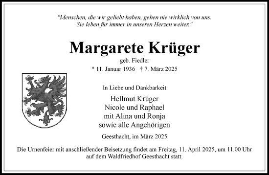 Traueranzeige von Margarete Krüger von Wochenend Anzeiger