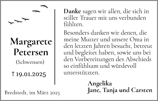 Traueranzeige von Margarete Petersen von Husumer Nachrichten, Nordfriesland Tageblatt
