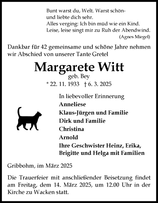 Traueranzeige von Margarete Witt von Norddeutsche Rundschau, Wilstersche Zeitung, Glückstädter Fortuna