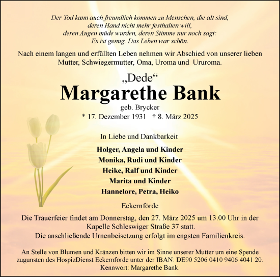 Traueranzeige von Margarethe Bank von Eckernförder Zeitung, Hallo Eckernförde