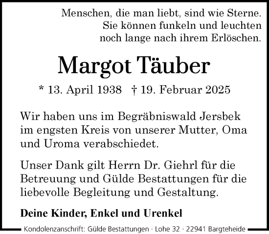 Traueranzeige von Margot Täuber von MARKT Ahrensburg/Bargteheide/Trittau und Stormarner Tageblatt