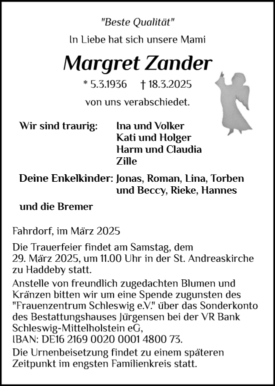 Traueranzeige von Margret Zander von Schleswiger Nachrichten, Schlei-Bote