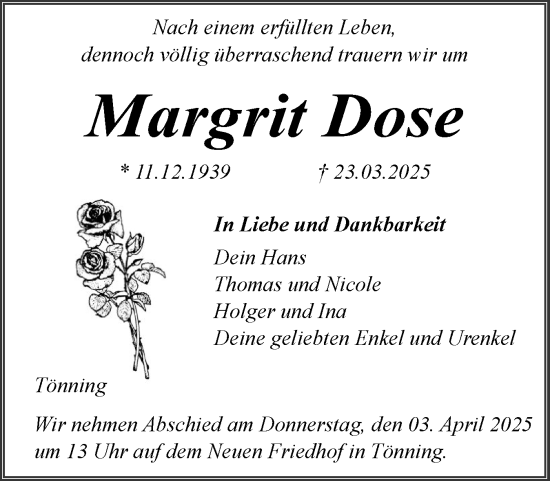 Traueranzeige von Margrit Dose von Husumer Nachrichten, Nordfriesland Tageblatt