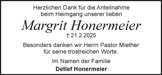 Traueranzeige von Margrit Honermeier von Holsteinischer Courier