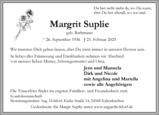 Traueranzeige von Margrit Suplie von Heimatspiegel