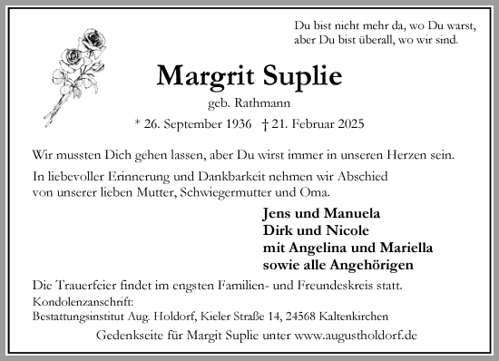 Traueranzeige von Margrit Suplie von Umschau