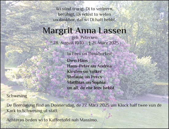 Traueranzeige von Margrit Anna Lassen von Husumer Nachrichten, Nordfriesland Tageblatt