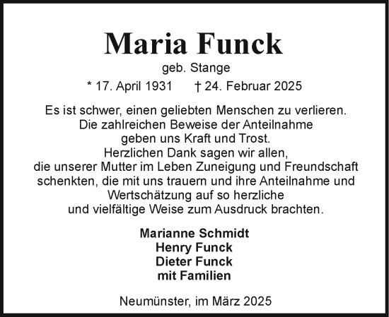 Traueranzeige von Maria Funck von Holsteinischer Courier