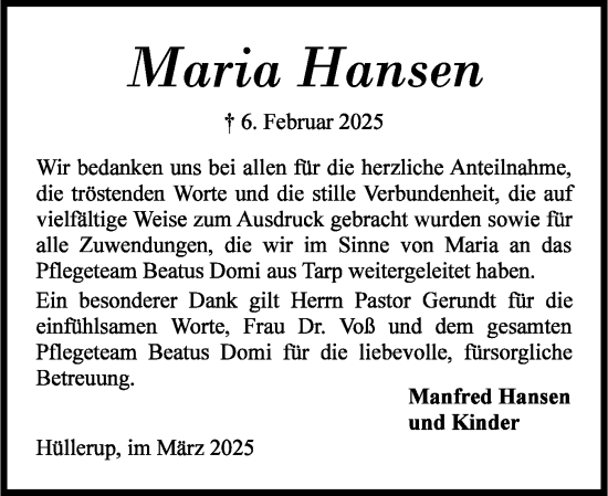 Traueranzeige von Maria Hansen von Flensburger Tageblatt