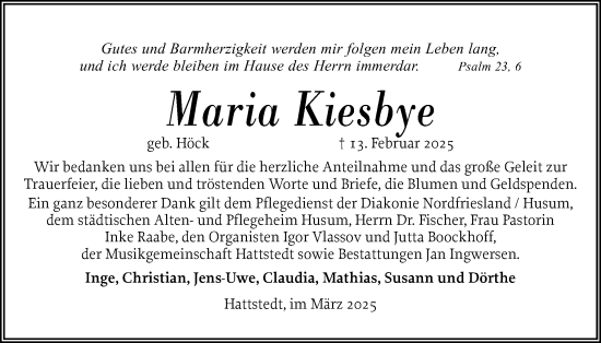 Traueranzeige von Maria Kiesbye von Region Flensburg