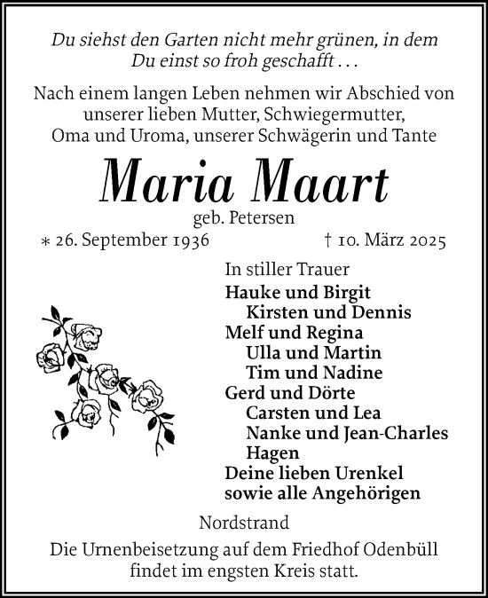 Traueranzeige von Maria Maart von Husumer Nachrichten, Nordfriesland Tageblatt