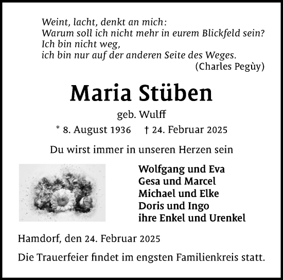 Traueranzeige von Maria Stüben von Schleswig-Holsteinische Landeszeitung