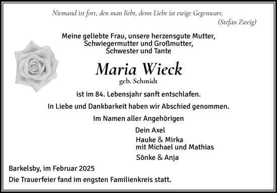 Traueranzeige von Maria Wieck von Eckernförder Zeitung, Hallo Eckernförde