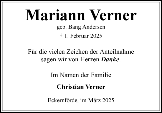 Traueranzeige von Mariann Verner von Eckernförder Zeitung, Hallo Eckernförde