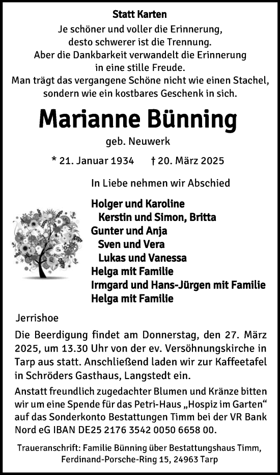 Traueranzeige von Marianne Bünning von Flensburger Tageblatt