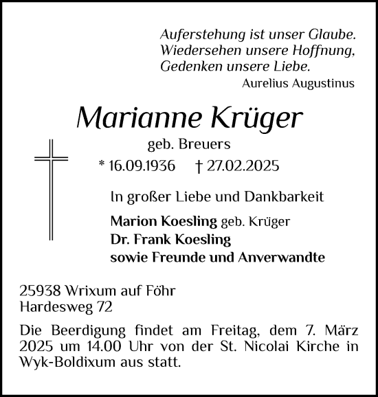 Traueranzeige von Marianne Krüger von Der Insel-Bote