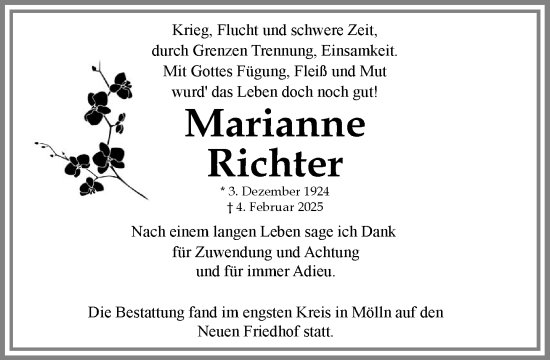 Traueranzeige von Marianne Richter von MARKT Ratzeburg/Mölln