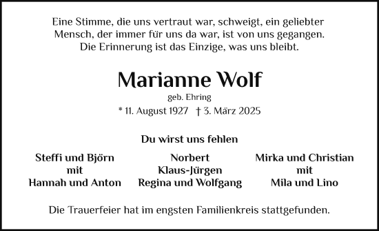 Traueranzeige von Marianne Wolf von Region Pinneberg und tip Pinneberg