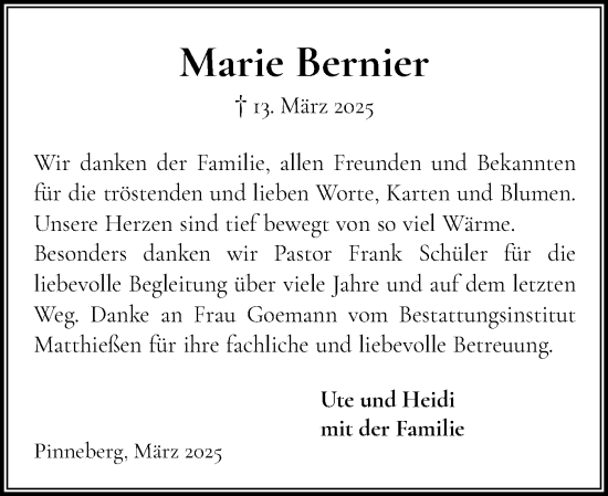 Traueranzeige von Marie Bernier von Region Pinneberg und tip Pinneberg