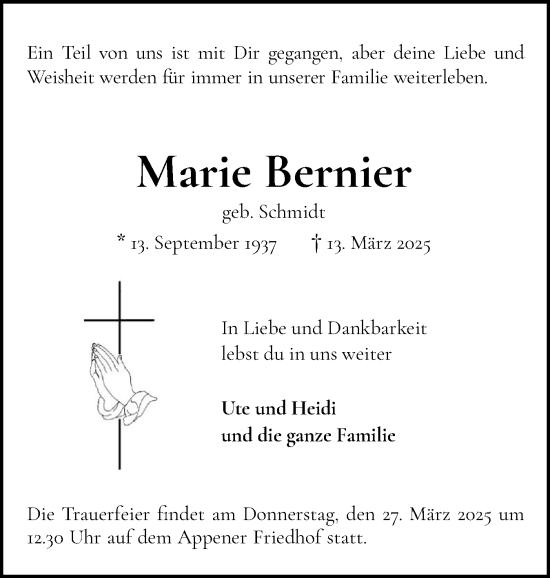 Traueranzeige von Marie Bernier von Region Pinneberg und tip Pinneberg
