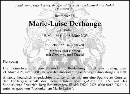 Traueranzeige von Marie-Luise Dechange von Flensburger Tageblatt