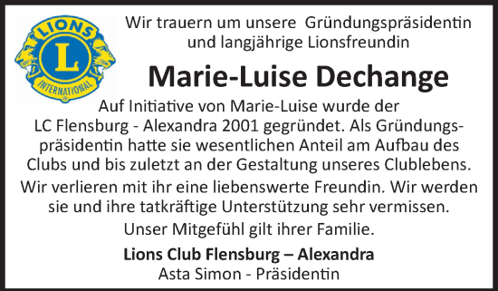 Traueranzeige von Marie-Luise Dechange von Flensburger Tageblatt
