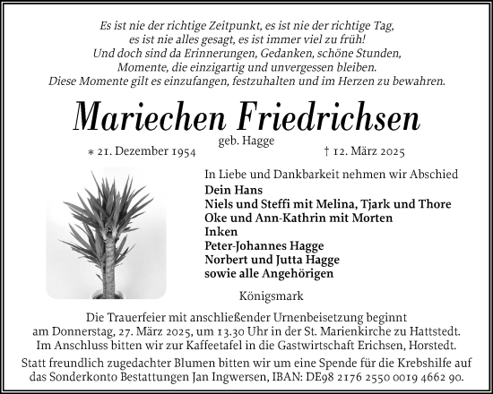 Traueranzeige von Mariechen Friedrichsen von Husumer Nachrichten, Nordfriesland Tageblatt