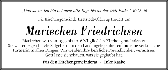 Traueranzeige von Mariechen Friedrichsen von Husumer Nachrichten, Nordfriesland Tageblatt