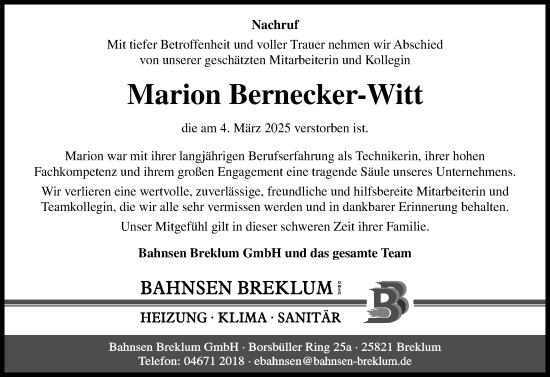 Traueranzeige von Marion Bernecker-Witt von Husumer Nachrichten, Nordfriesland Tageblatt