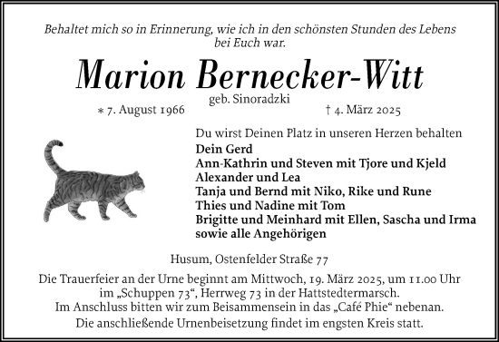 Traueranzeige von Marion Bernecker-Witt von Husumer Nachrichten, Nordfriesland Tageblatt