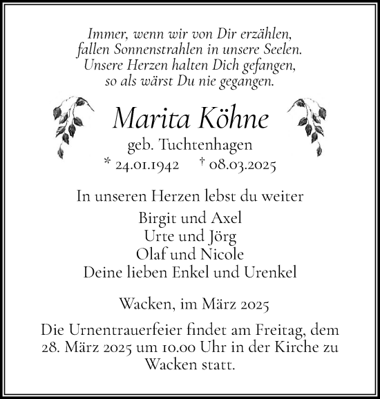 Traueranzeige von Marita Köhne von Norddeutsche Rundschau, Wilstersche Zeitung, Glückstädter Fortuna