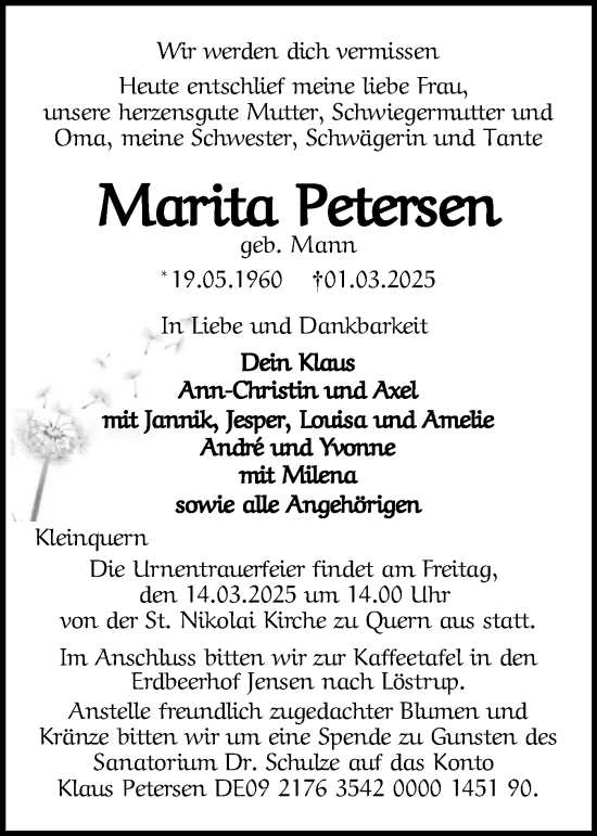 Traueranzeige von Marita Petersen von Flensburger Tageblatt