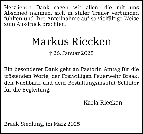 Traueranzeige von Markus Riecken von Holsteinischer Courier
