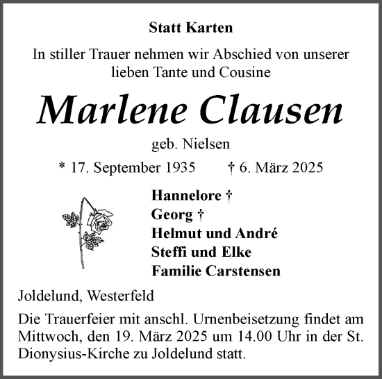 Traueranzeige von Marlene Clausen von Husumer Nachrichten, Nordfriesland Tageblatt